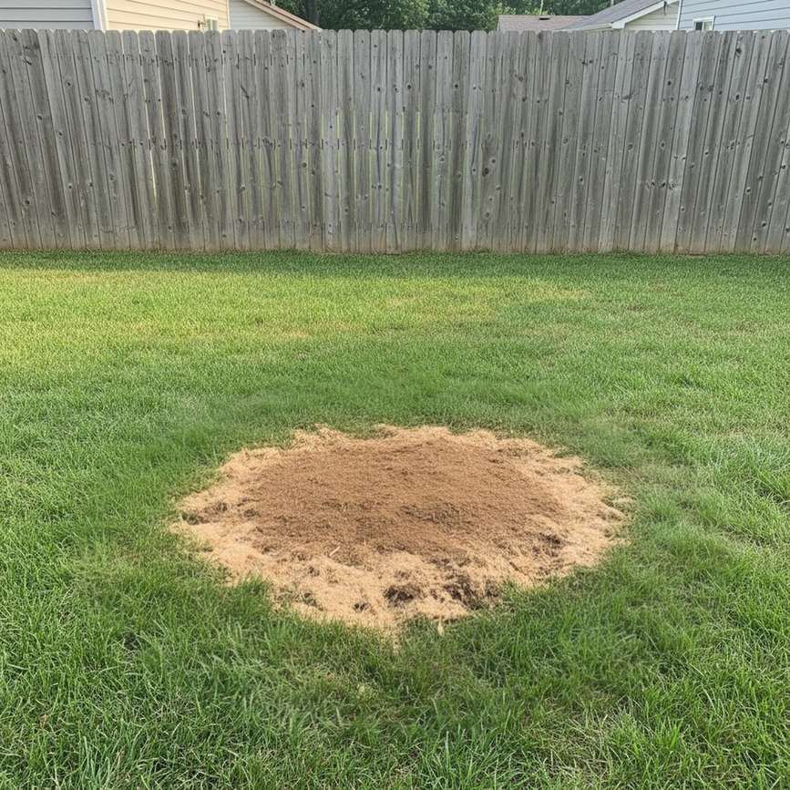 The same spot with the stump fully ground out, leaving a flat patch of dirt and wood chips and no stump remaining