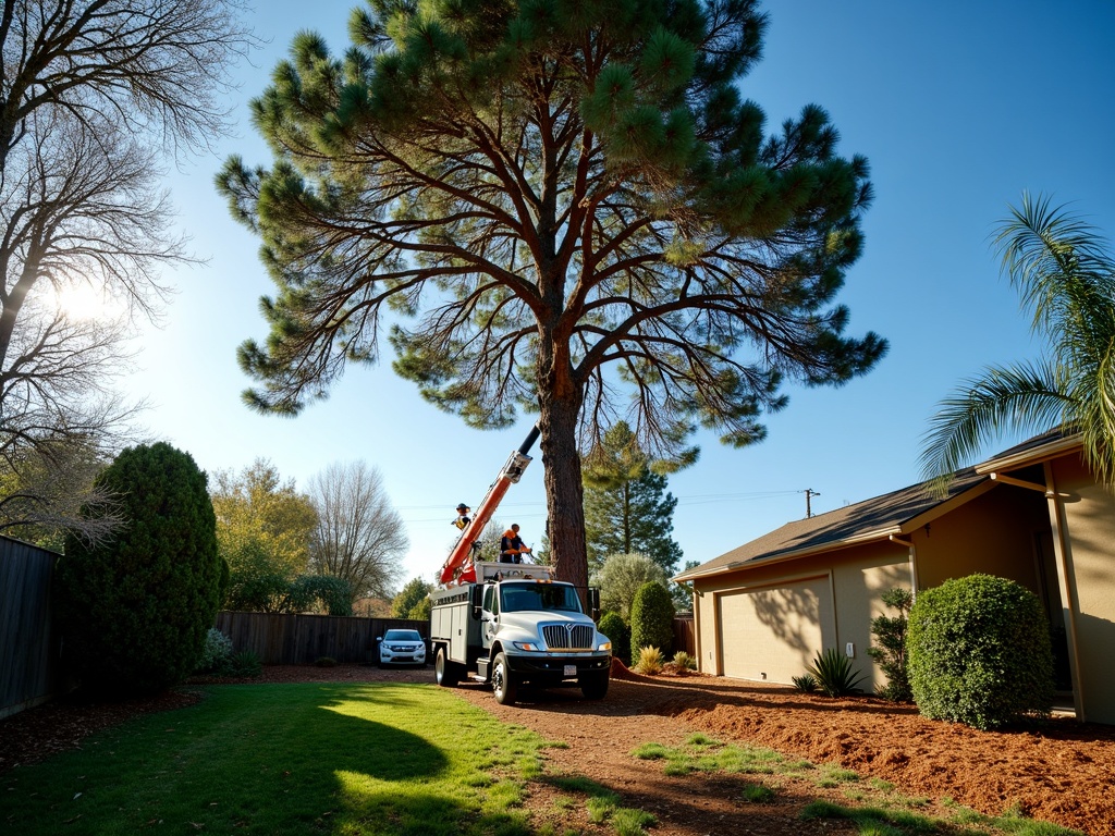 An arborist working high in a tall pine over a residential yard in Spokane