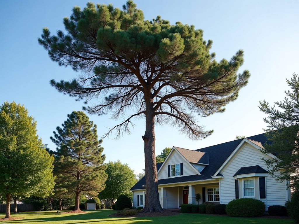 An overgrown tree with dead limbs hanging over a house before service